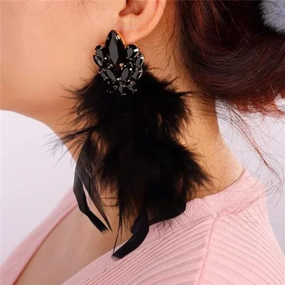Long Feather Earrings Bohemian Earrings Multicolor Tassel for Women (Black) - Picture 7 of 7